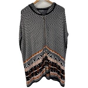 Joseph A Poncho Hooded Vest Women XL Black White Geometric‎ Zip Up Rayon
